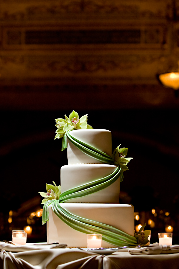 wedding photo by Bob and Dawn Davis Photography, wedding cake, white and green, reception